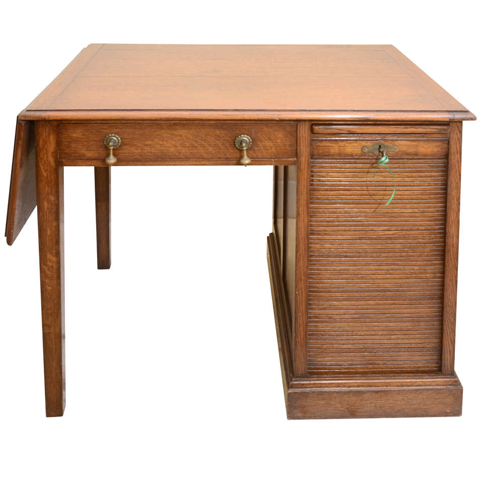 English Drop Leaf Desk With Typing Slide& Tambour Covered Drawers