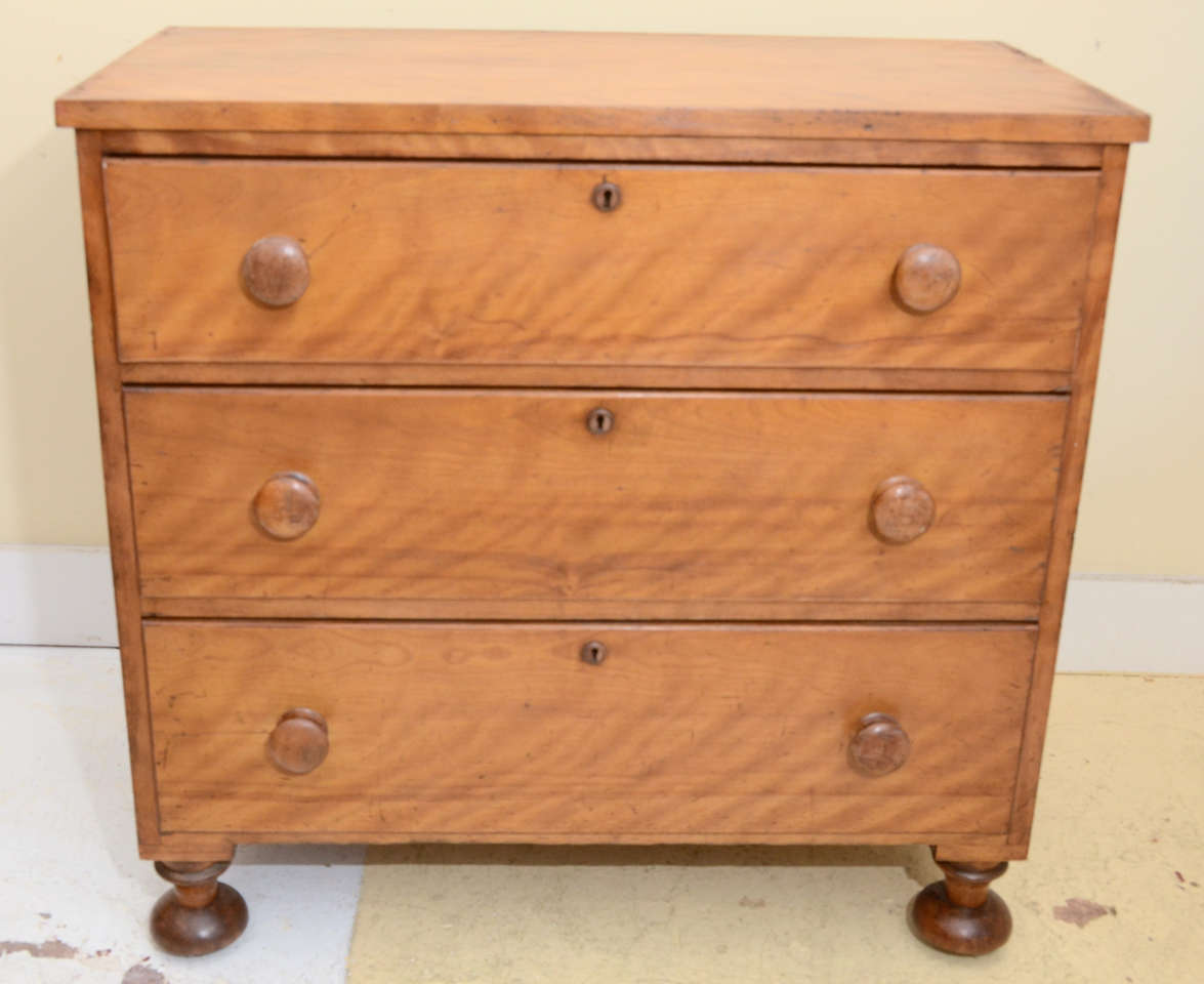 SMALL ENG. VICTORIAN SATIN BIRCH CHEST OF DRAWERS--WITH UNUSUAL ELONGATED BUN FEET- DEEP RICH HONEY COLOR FINISH