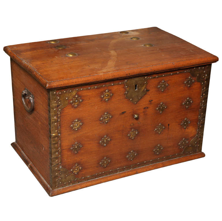 Large Dutch Colonial Style Late 19th Century Teak Trunk with Brass Décor