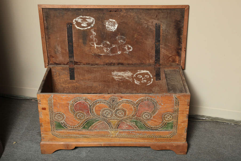 20th Century Hand-Carved and Painted Dutch Colonial Style Wedding Trunk with Painted Motifs