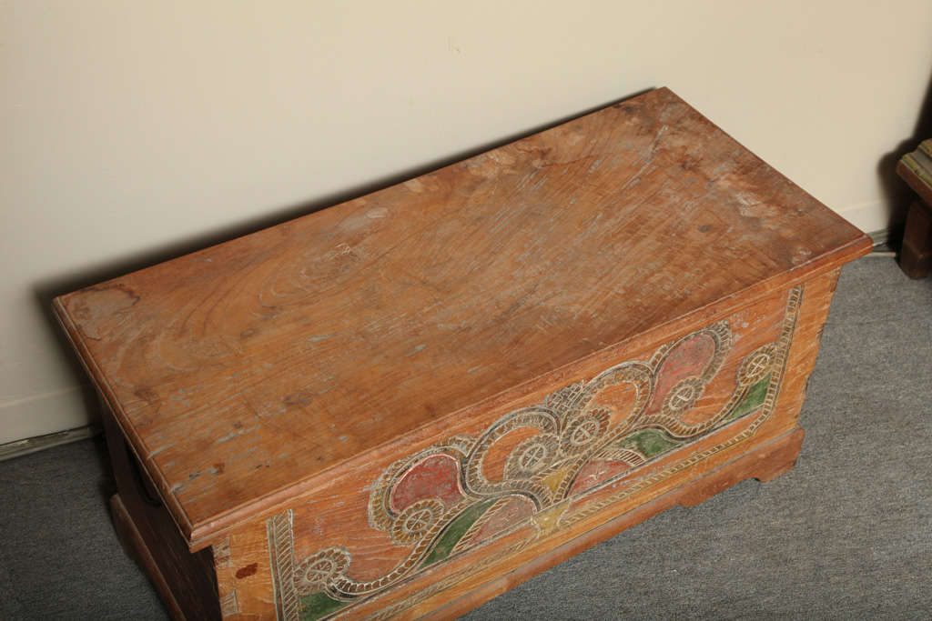 Iron Hand-Carved and Painted Dutch Colonial Style Wedding Trunk with Painted Motifs