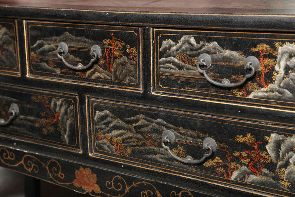 Brass Vintage Black Lacquered Chinoiserie Five-Drawer Sideboard with Colored Scenes