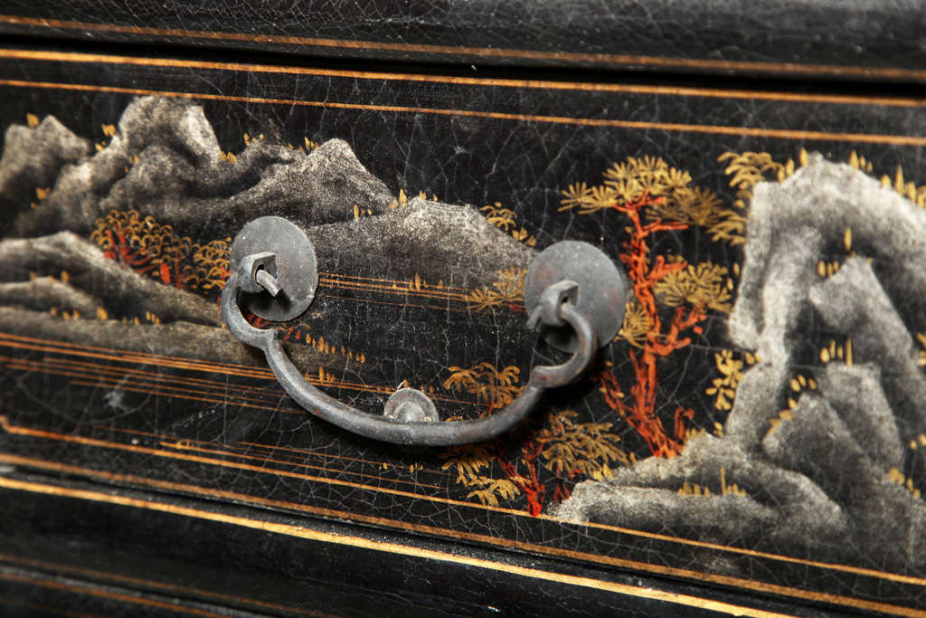 Vintage Black Lacquered Chinoiserie Five-Drawer Sideboard with Colored Scenes 1