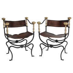 Pair of Savonarola Iron & Leather Chairs