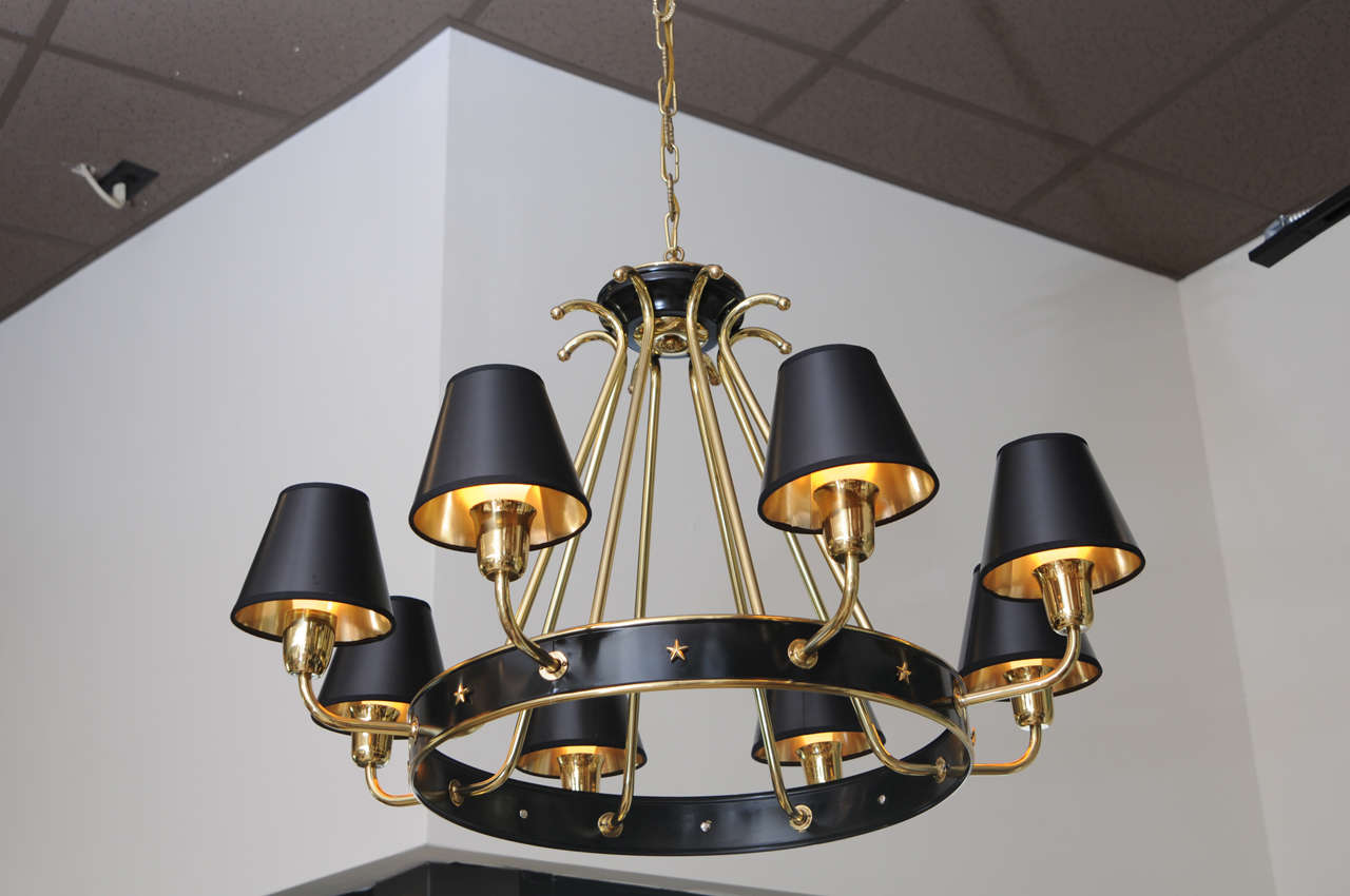 Black and brass, fully rewired, paper shades not included.

Measures: Height with chain 65.5