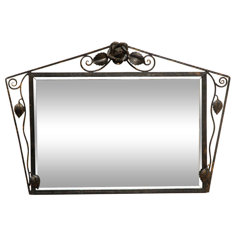 Deco Wall Mirror in Wrought Iron Frame For Sale