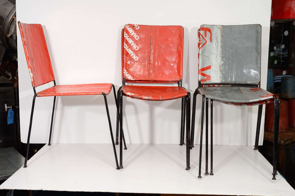 Chairs are painted enamel on metal with painted black legs.  Comfortable,  Sturdy and weatherproof.  Great for indoor/outdoor use.