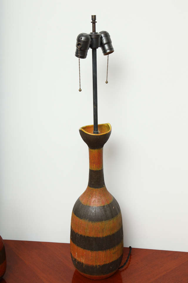 Mid-20th Century Raymor Striped Ceramic Table Lamp & Vase