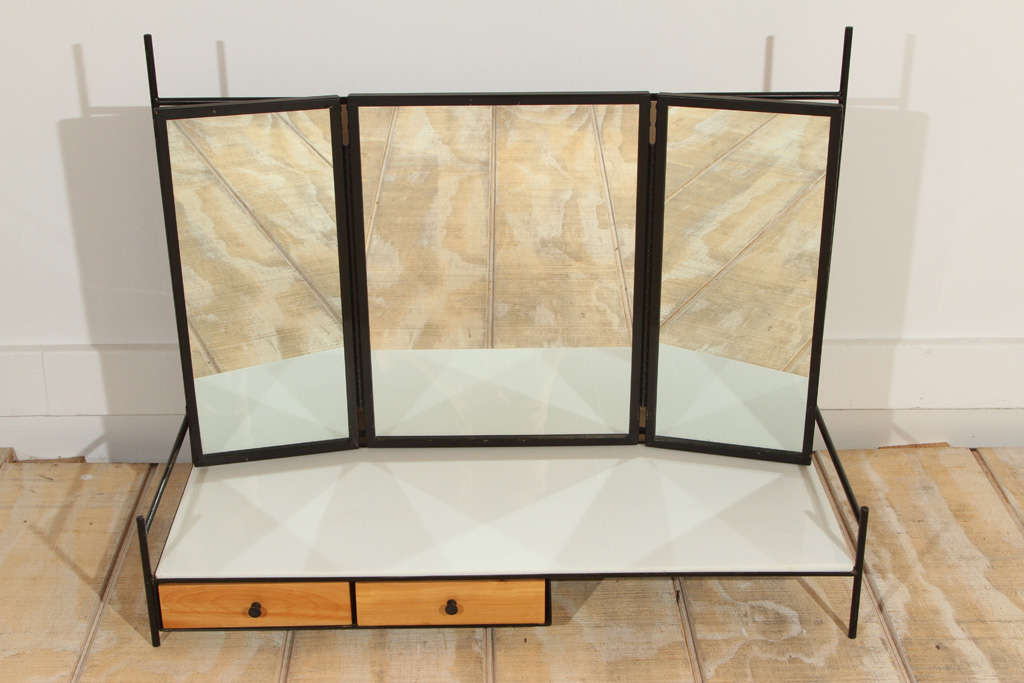 Mid-Century Modern Paul McCobb for Bryce Metals Vanity with vitrolite shelf, and 3 way mirror