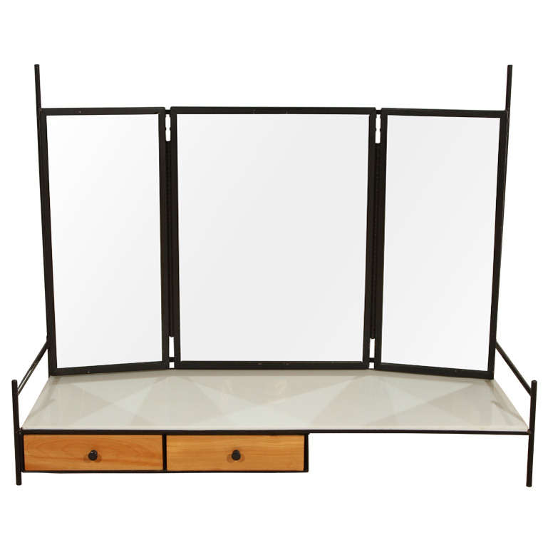 Paul McCobb for Bryce Metals Vanity with vitrolite shelf, and 3 way mirror