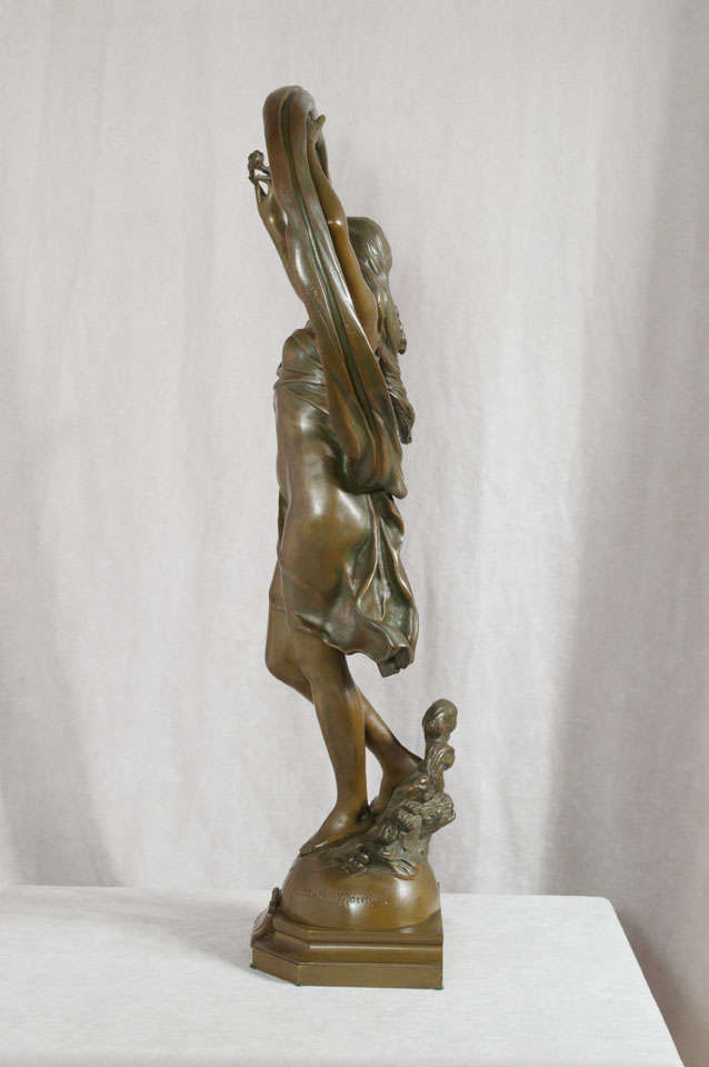 Signed Art Nouveau Bronze Figure of Young Girl 