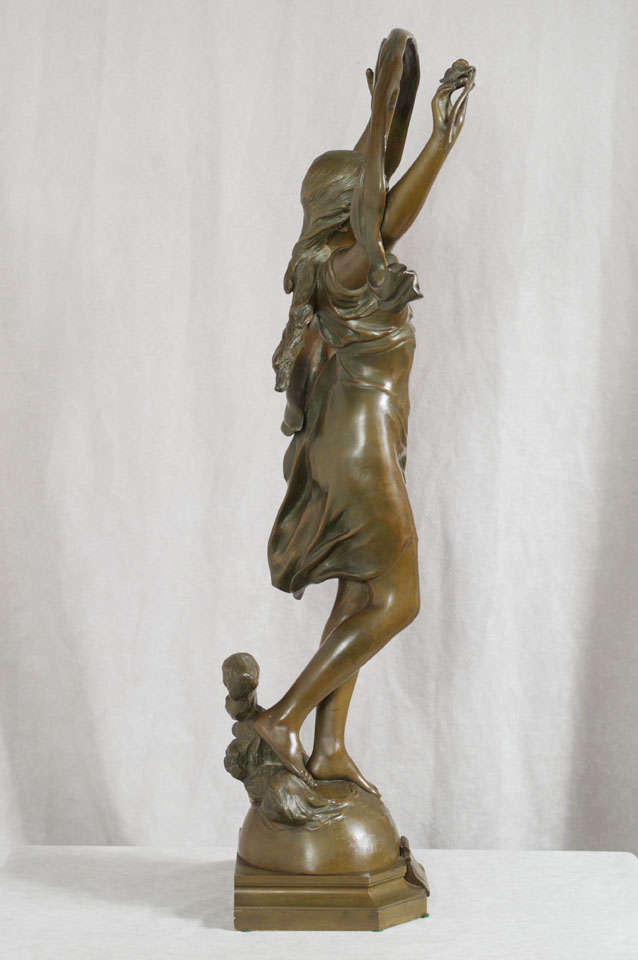 Signed Art Nouveau Bronze Figure of Young Girl 