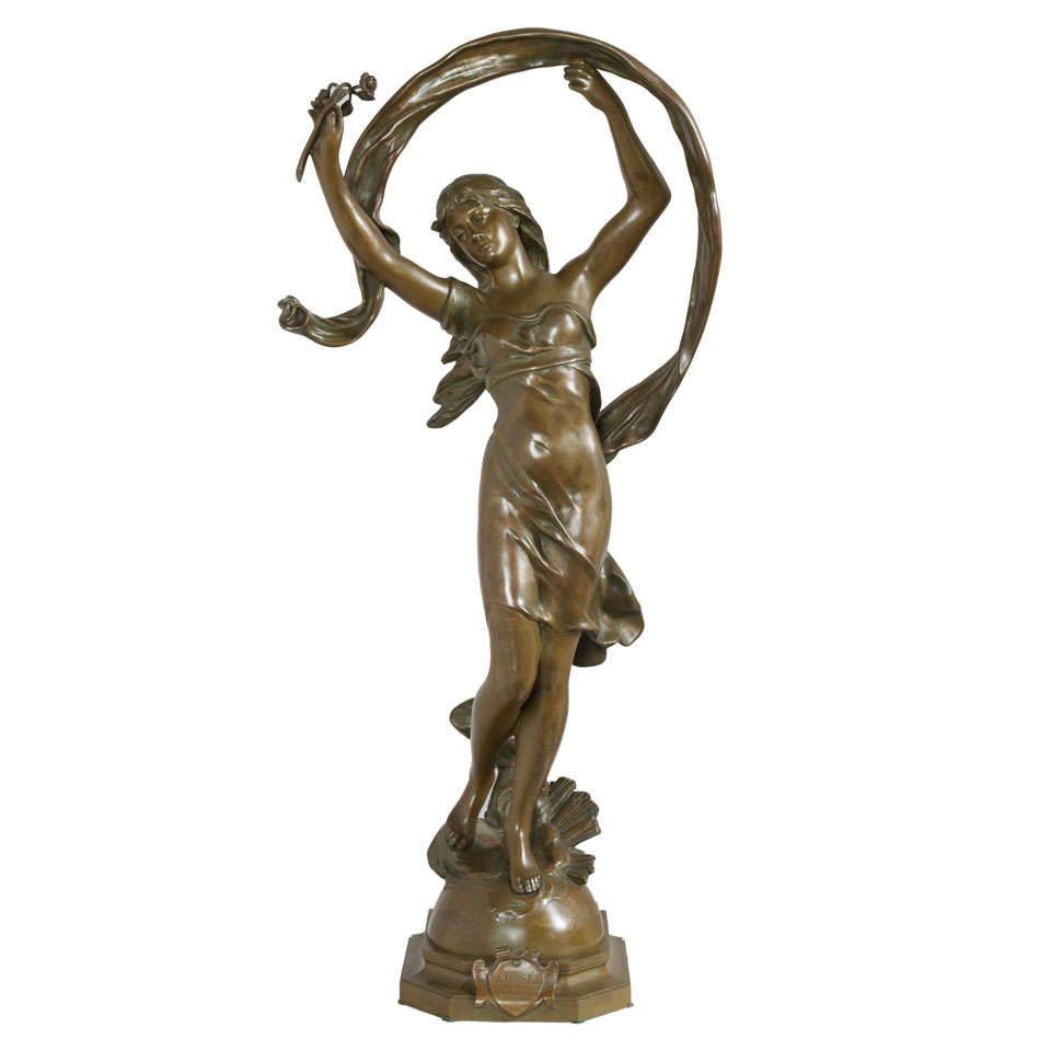 Signed Art Nouveau Bronze Figure of Young Girl "LaRosee"