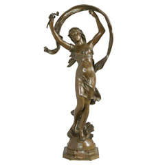 Signed Art Nouveau Bronze Figure of Young Girl "LaRosee"