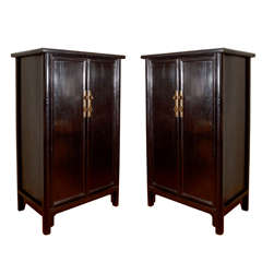 Antique A Pair of Black Lacquered Sloping-Stile Wood-Pin Hinged Cabinets