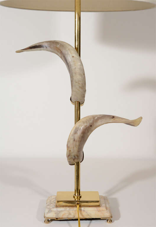 Pair of Exquisite Ram's Horn Brass Lamps with Exotic Marble Bases 4