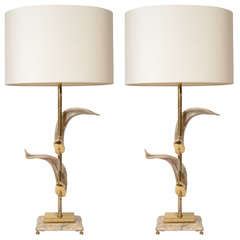 Pair of Exquisite Ram's Horn Brass Lamps with Exotic Marble Bases