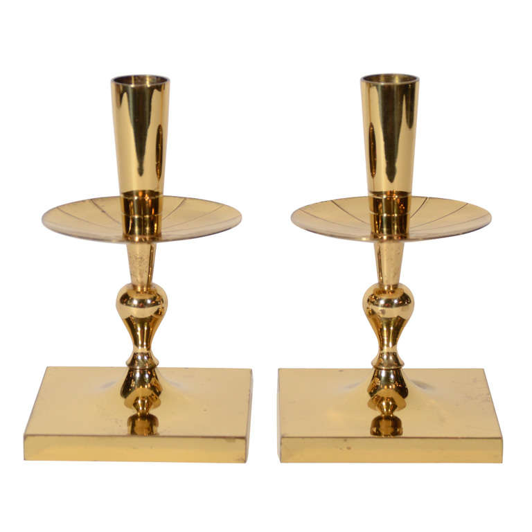 Pair of Tommi Parzinger Modernist Candleholders in Solid Brass
