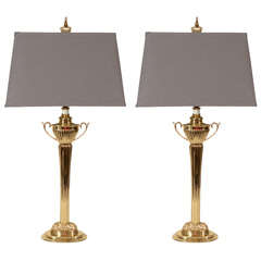 Pair of Neoclassical Brass Lamps with Custom Linen Shades in Grey