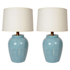 Pair of Modernist Urn Shagreen Porcelain Lamps with Bronze Fittings