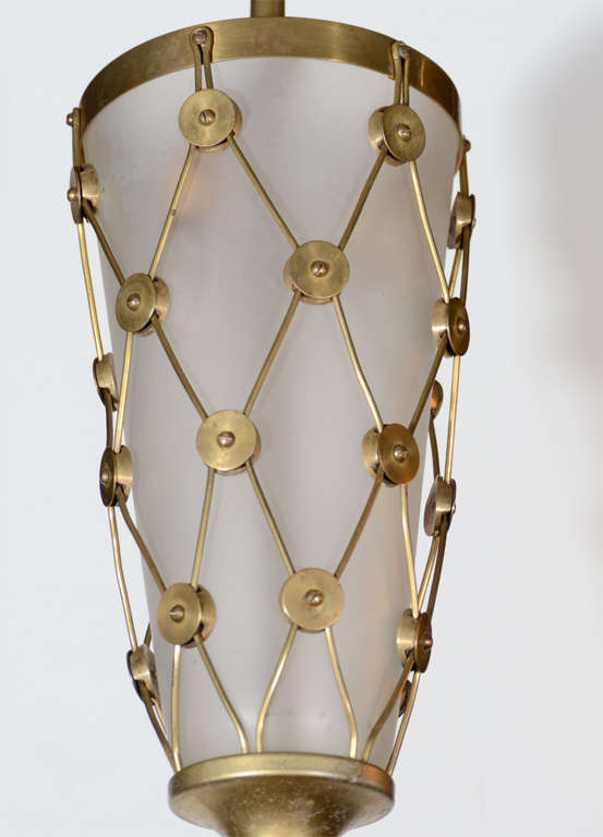Elegant Brass and Frosted Glass Wire Cage Lantern Chandelier at 1stdibs