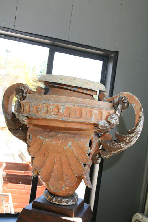 Wonderfully painted large zinc urn.  Can be used as table base with the right support.