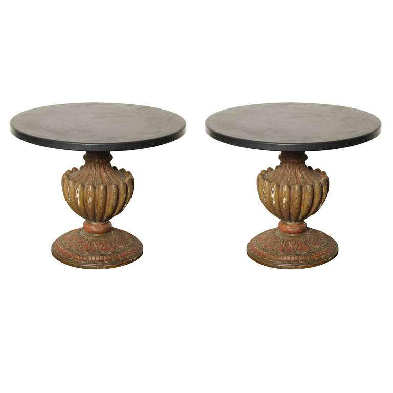 Pair of Italian Marble Top Tables with Carved Pedestal Bases For Sale