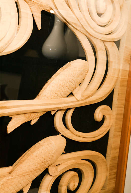 20th Century Japanese wood carving panel of swimming carp.