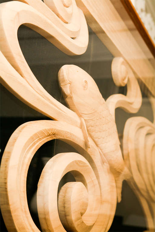 Japanese wood carving panel of swimming carp. 1