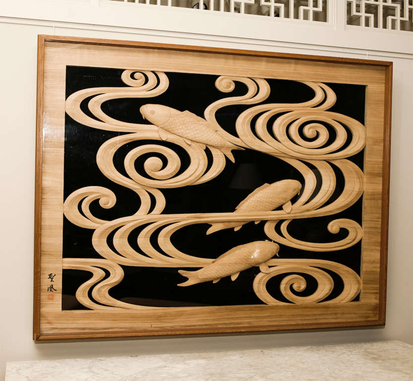 Japanese wood carving panel of swimming carp. 3