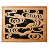 Japanese wood carving panel of swimming carp.