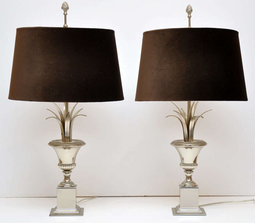A pair of silvered urn and spray table lamps by Maison Charles, with custom brown velvet shades done by Branca
from the Casa Branca collection.