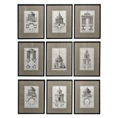 A Sleek Set of Nine Framed French Engravings of Pavilions