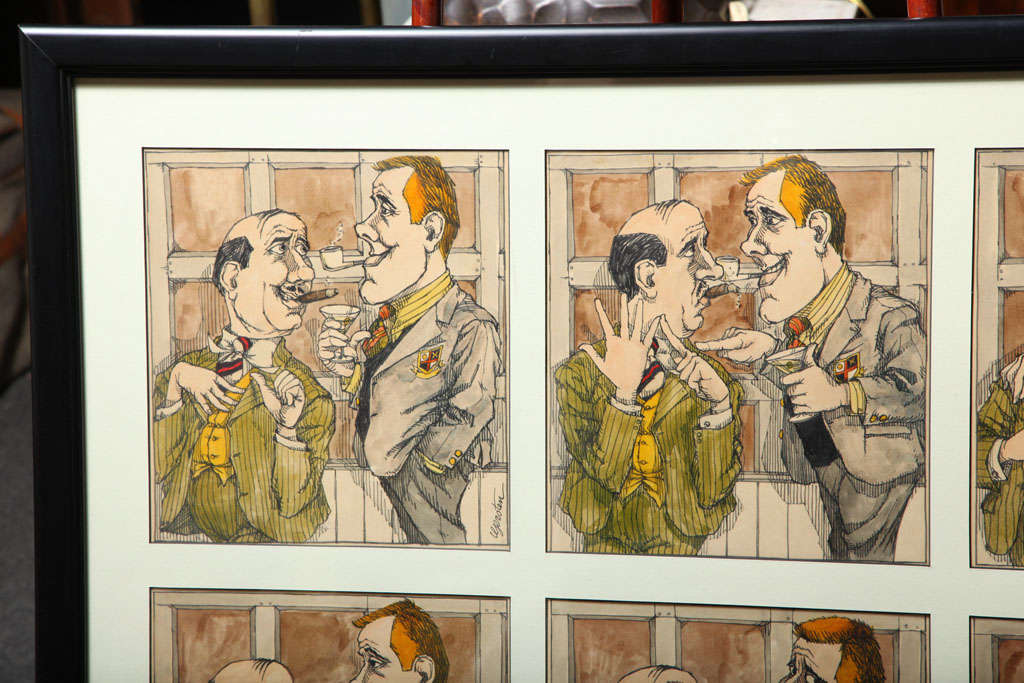 American Six Watercolor Paintings of Cigar Smokers by Gersten For Sale