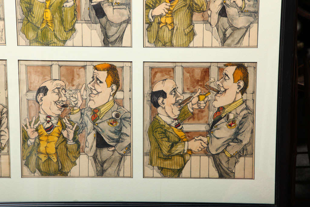 Late 20th Century Six Watercolor Paintings of Cigar Smokers by Gersten For Sale