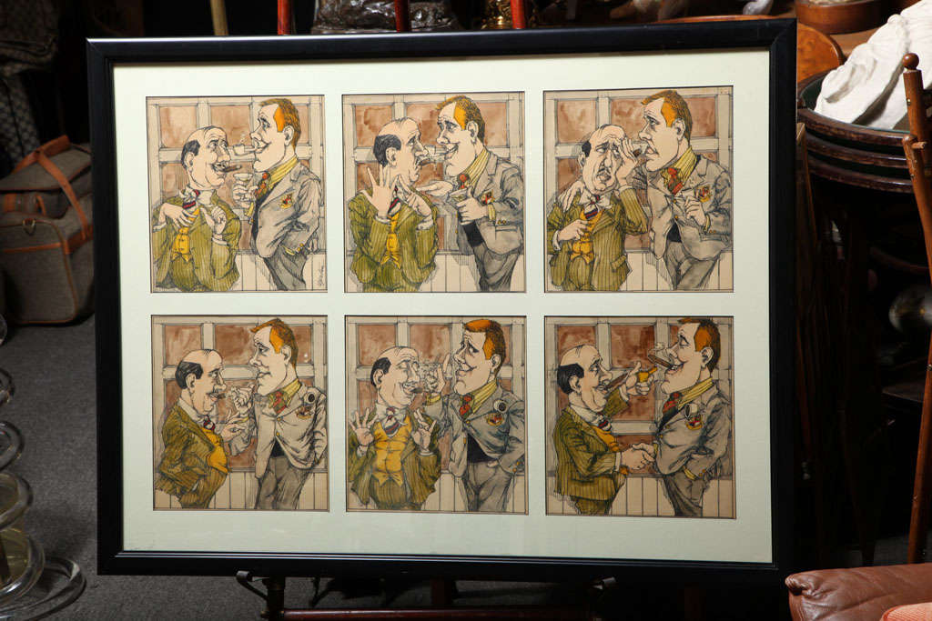 Six watercolor paintings of cigar smokers by listed artist Gersten. Framed in a wood frame under glass.