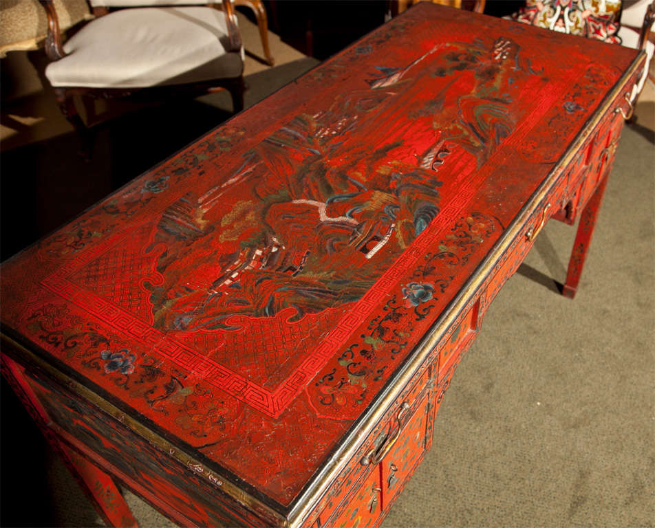 red chinoiserie desk