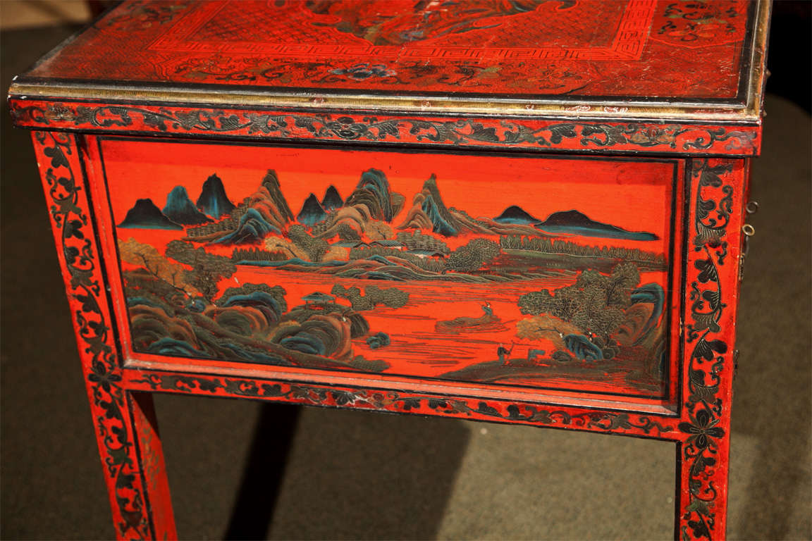 Wood Red Lacquer Chinoiserie Desk