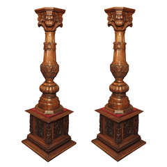 Pair of Antique French Carved Walnut Pedestals and Bases