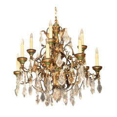 Antique French Wood, Tole and Fine Crystal Chandelier, 12 lights