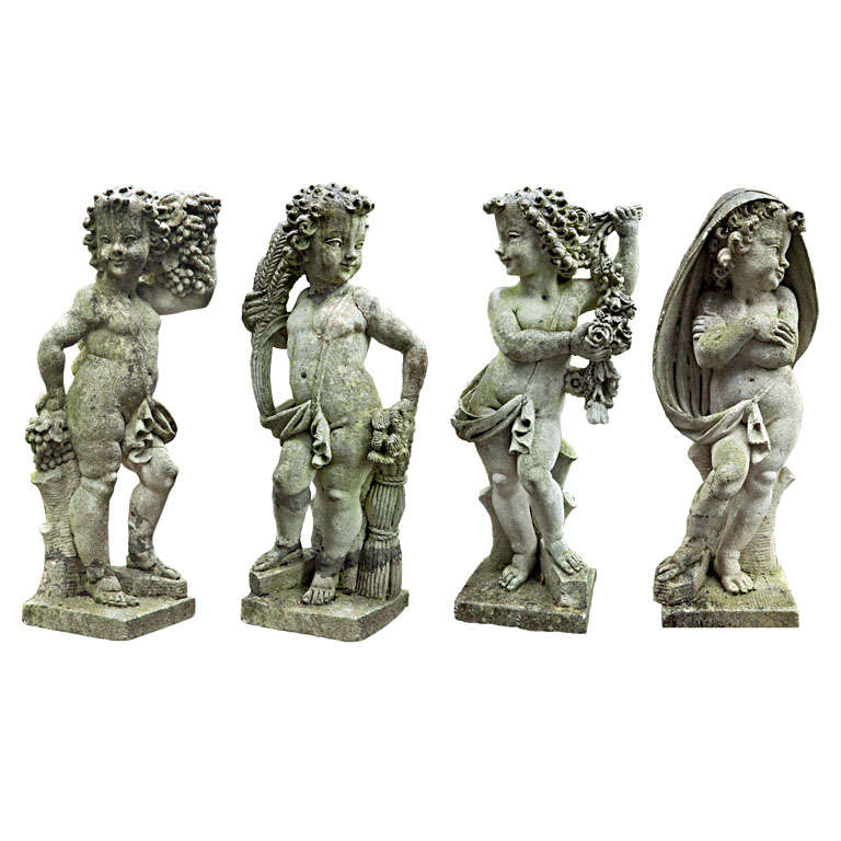 Set Of  4  Carved Limestone Stone  Putto Of The Seasons