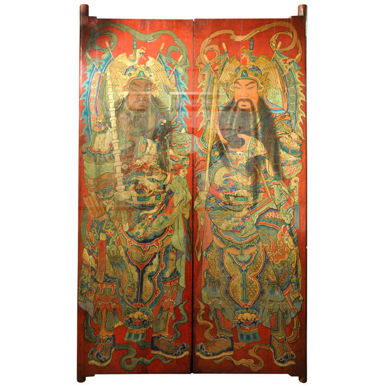 Pair of Fine Painted Chinese Temple Doors, Circa 1890