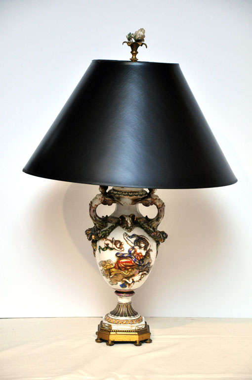 Italian Capo di Monte Ceramic Lamp, Circa 1920's with Gilt-Bronze fittings