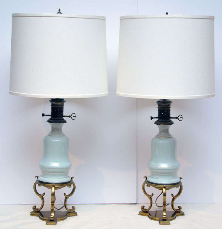 Pair of Paris Porcelain Celadon Oil Lamps on Stands, Circa 1860
