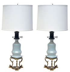 Pair of Paris Porcelain Celadon Oil Lamps on Stands, Circa 1860
