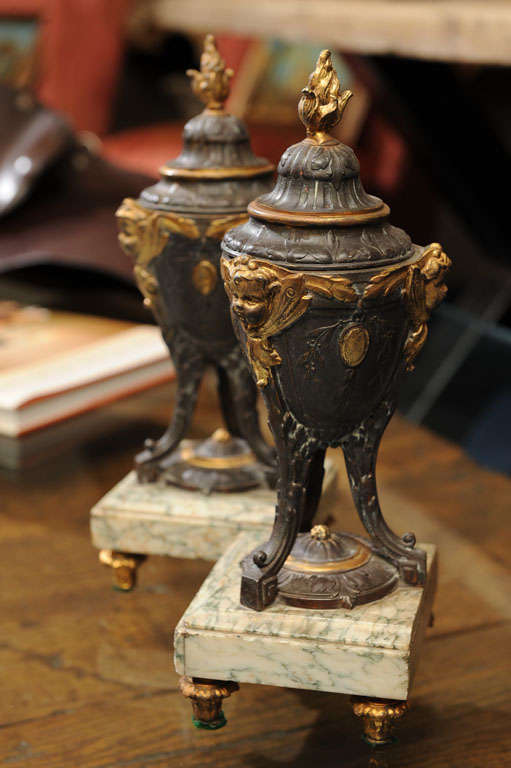 Pair of Louis XVI Style Parcel Gilt Metal  Covered Mantel Urns For Sale 3