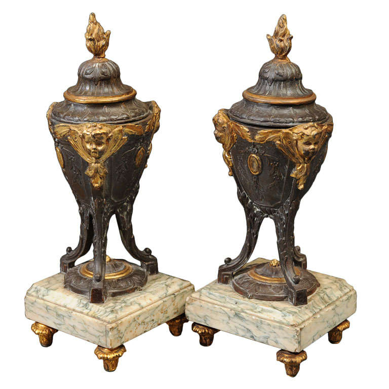 Pair of Louis XVI Style Parcel Gilt Metal  Covered Mantel Urns For Sale