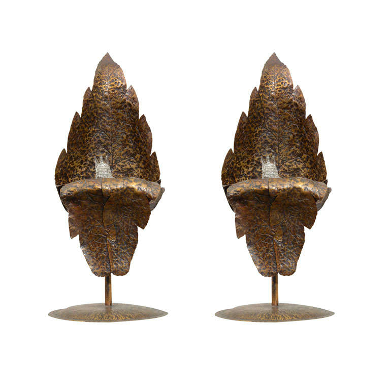 Pair of 1940's Bronze Leaf Accent Lamps For Sale