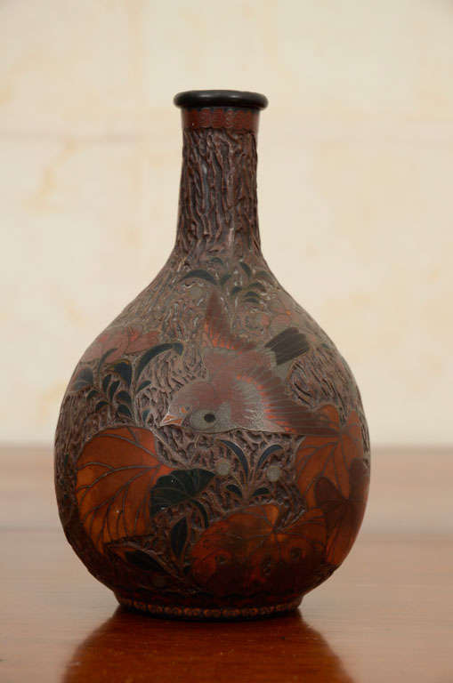 Glazed Pair of Japanese Meiji Jiki-Shippo Vases with Bird Motifs