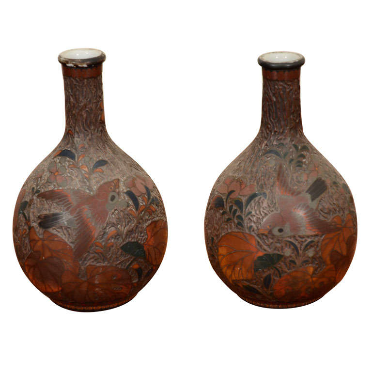 Pair of Japanese Meiji Jiki-Shippo Vases with Bird Motifs